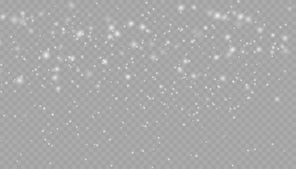 Realistic falling snow with snowflakes and clouds. Vector heavy snowfall, snowflakes in different shapes and forms. Many white cold flake elements on transparent background.