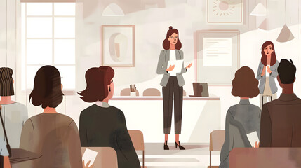 Fototapeta premium A woman is giving a presentation in front of a group of people. The presentation is about a new product. The room is decorated with plants and there are several potted plants in the background