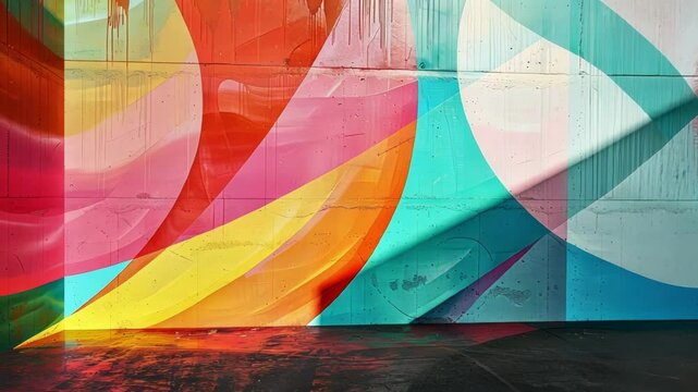 A mural featuring eight different colors blending and overlapping representing the interconnectedness of particles within an octet.