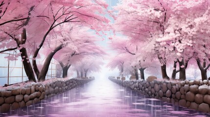 Tranquil Scene of Pink Cherry Blossoms Gently Drifting Down
