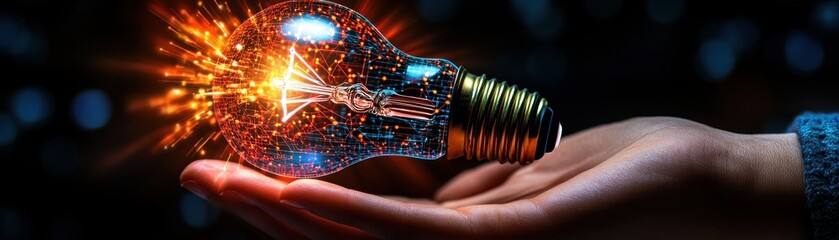 Bright Light Bulb in Hand with Dynamic Spark Effects