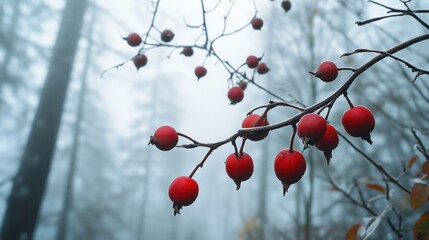 Misty forest with red berries on bare branches in autumn