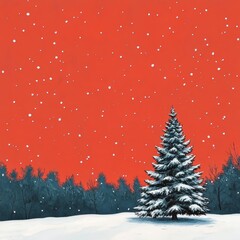Snowy Christmas Eve: A solitary snow-covered pine tree stands tall against a vibrant red winter sky, gently falling snow adding to the serene and magical atmosphere.  