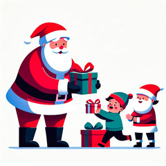 Vector illustration of Santa Claus giving gifts to children on Christmas day on white background.