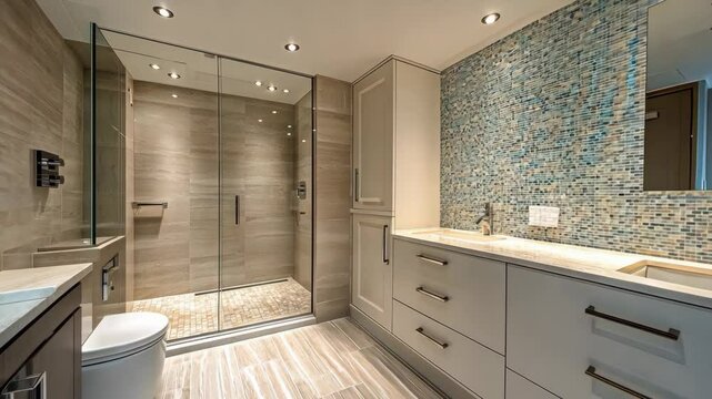 A modern bathroom with a glass-enclosed shower and a double vanity with marble countertops