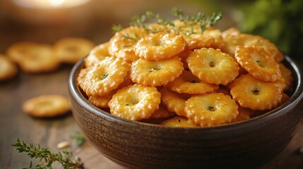 Close-up of a bowl filled with delicious cheese crackers, snack, food, savory, cheddar, crispy, crunchy, appetizer