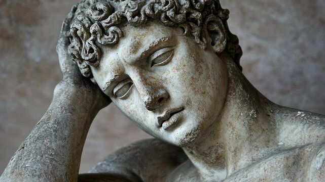 A marble statue of a man, possibly a god, with his head resting on his hand, in a pensive pose, at the Uffizi Gallery in Florence, Italy