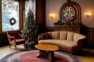 living room with Art Nouveau Christmas decor, featuring curving furniture, stained glass accents, and natural colors, minimal background with copy space