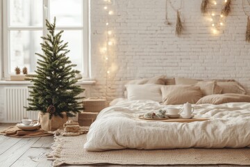 cozy Japandi style bedroom decorated for Christmas with simple garlands, a small potted pine tree, and a tea set, minimal background with copy space