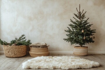 Fototapeta premium cozy Scandi Christmas corner with a sheepskin rug, a small potted pine tree, and woven baskets, minimal background with copy space