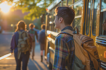 Fototapeta premium Diverse happy students boarding a school bus, happy and excited, bright afternoon light, professional stock photo style.