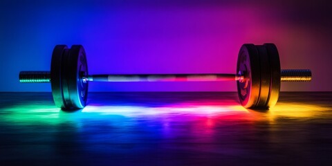 A barbell, with some of its parts, rests on a table illuminated by colorful lights.  There's room for writing something below.