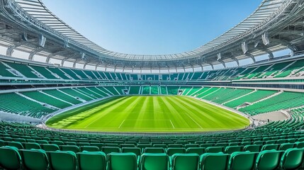 Fototapeta premium A panoramic view of a modern stadium with green seating and field.