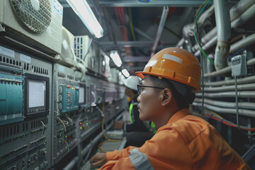 Engineers and technicians in the control room monitor the operation of the air conditioner.