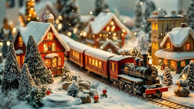 A miniature train travels through a snowy winter village, illuminated by warm lights