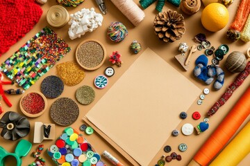 Christmas DIY quirky holiday craft station with a variety of unusual materials like glitter, buttons, fabric scraps, minimal background with copy space