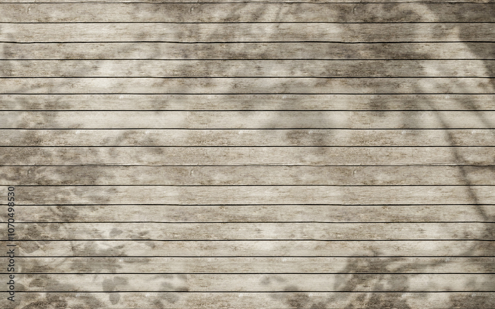 Aufkleber Wooden planks table top view with trees shadows and sunlight. cozy summer background with shadows and sunlight. wood background table copy space