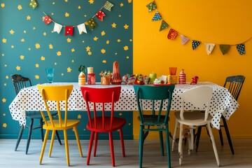 Obraz premium kids birthday party decor - Quirky holiday dining setup with mismatched chairs, polka dot tablecloth, and a variety of brightly colored decorations