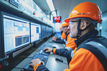 Engineers and technicians in the control room monitor the operation of the air conditioner.