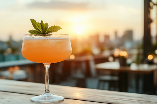 Close-up of a fancy cocktail at the rooftop bar with sunset in the background.