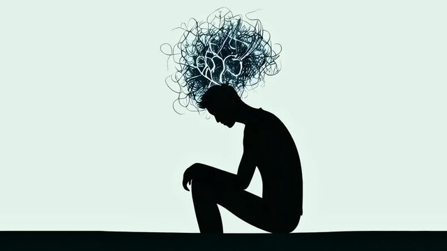 Video loop of a black silhouette of a man sitting alone on the ground isolated on gray background with dark thoughts forming around his head