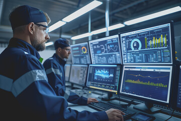 Fototapeta premium Engineers and technicians in the control room monitor the operation of the air conditioner.
