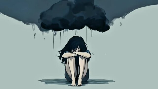 Video illustration of a young woman with black hair sitting barefoot alone on the ground crying with dark clouds above and black rain falling, gray depressing background 