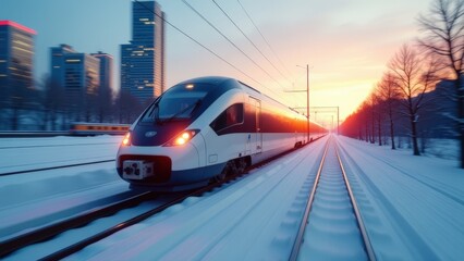 A high-speed passenger train travels through a metropolis in winter at sunset