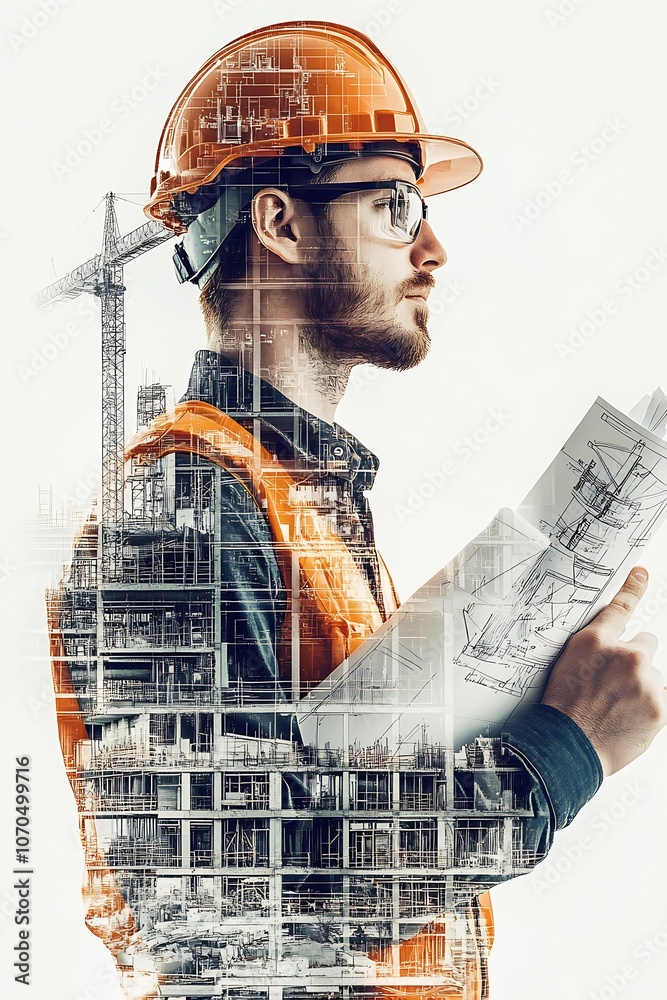 Poster Innovative Architect with Blueprints Overlaid on Construction Site and Crane Background : Generative AI