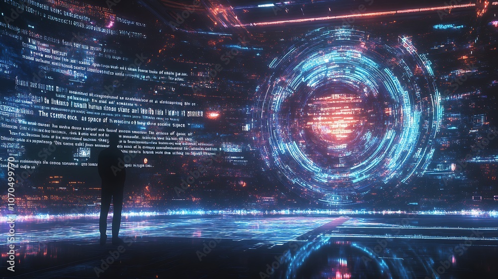 Aufkleber Man in Virtual Data Room with Futuristic Digital Interface and Holographic Display : Generative AI
