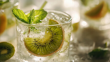 Close-up of a fruit slice in sparkling soda water with bubbles background macro photography