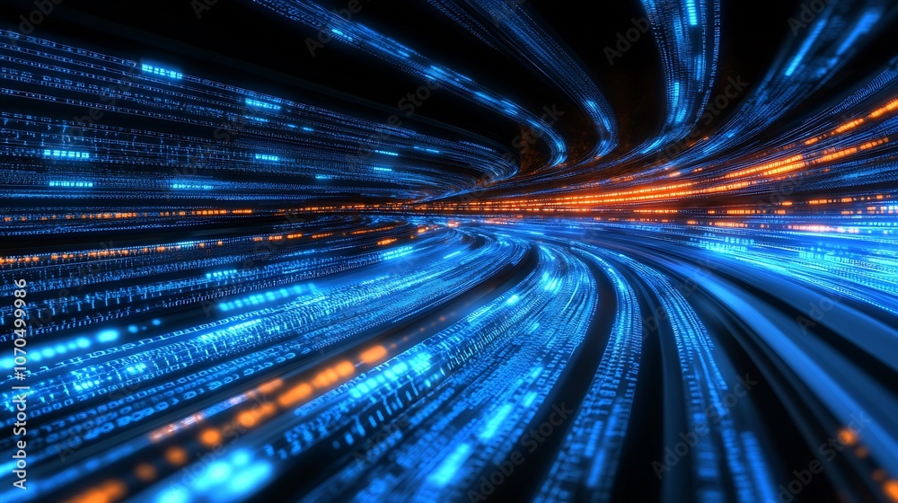 Aufkleber Dynamic Blue and Orange Glowing Lines Representing Digital Speed and Data Flow : Generative AI
