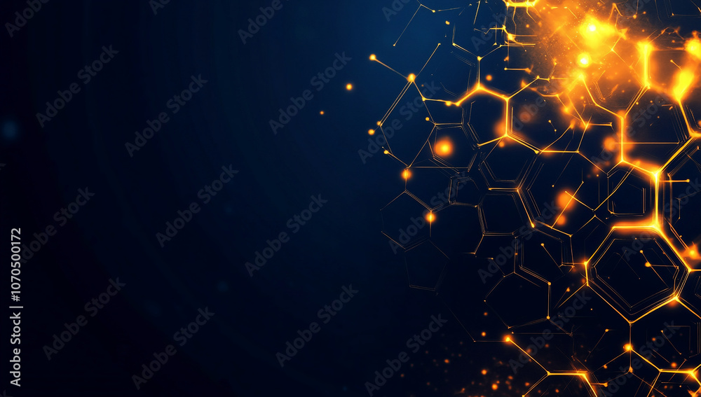 Poster A glowing, abstract pattern of interconnected hexagons and lines against a dark blue background