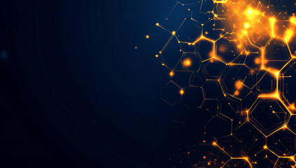 A glowing, abstract pattern of interconnected hexagons and lines against a dark blue background