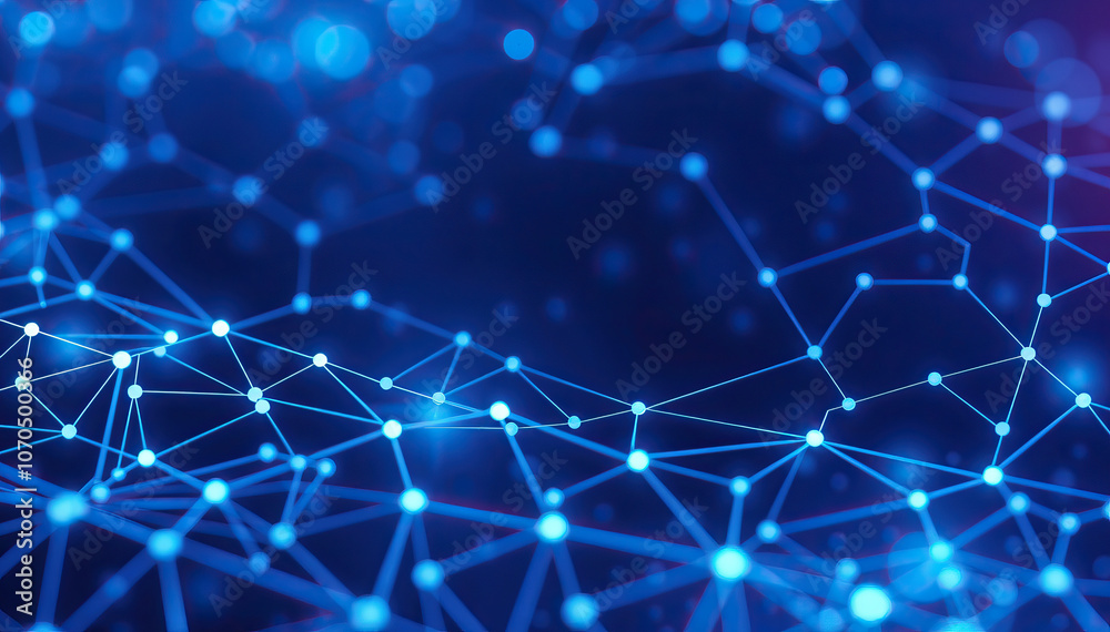 Poster blue abstract digital network with connected dots and glowing nodes technology background