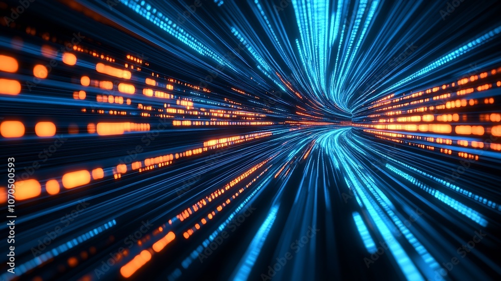 Aufkleber Dynamic Digital Data Stream with Blue and Orange Binary Code Lights : Generative AI