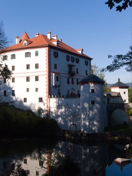 Sneznik castle, Slovenia. Picturesque, scenic, national monument. View of imposing defensive walls. Bright summer day with clear blue sky.