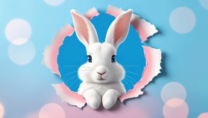Obraz premium A white bunny with blue eyes peeks through a torn pink paper hole against a blue background. Copy space Easter greeting card
