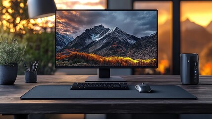 Fototapeta premium A modern workspace featuring a computer and scenic landscape.
