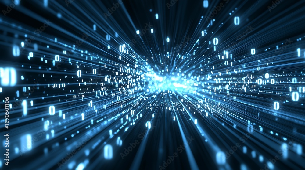 Poster Futuristic binary code background with illuminated blue digital data streams speeding through space : Generative AI