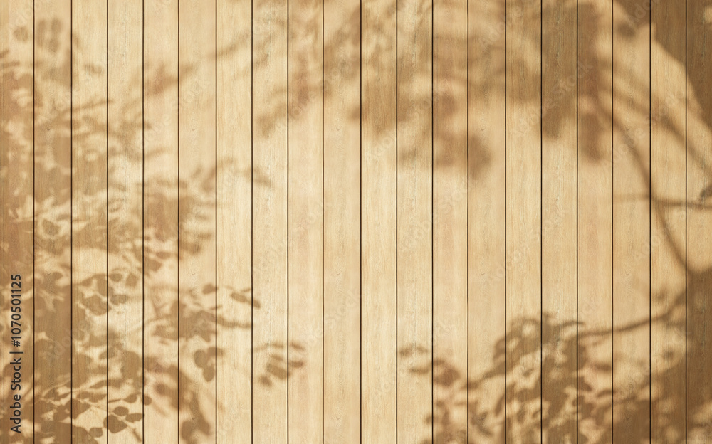 Poster Wooden planks table top view with trees shadows and sunlight. cozy summer background with shadows and sunlight. wood background table copy space