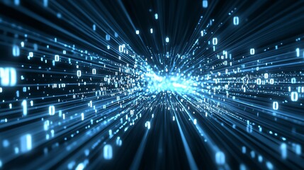 Futuristic binary code background with illuminated blue digital data streams speeding through space : Generative AI