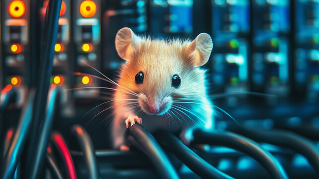 Mysz, kt&oacute;ra zajęta jest niszczeniem kabli obok sprzętu elektronicznego.