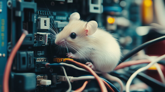 Mysz, kt&oacute;ra zajęta jest niszczeniem kabli obok sprzętu elektronicznego.