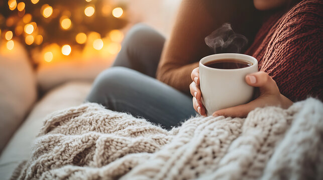 A woman and her partner relaxing on the sofa with a cup of tea, cozy blankets, and soft evening light creating a warm atmosphere 