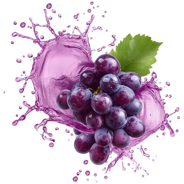 splash of purple grape juice with grapes isolated on transparent background