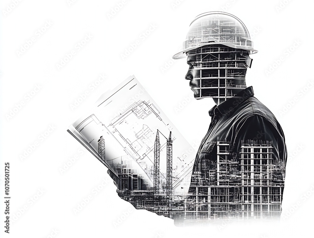 Aufkleber architectural engineer with hard hat and blueprints in a double exposure cityscape : generative ai