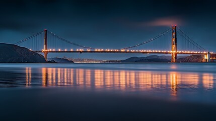 Obraz premium Golden Gate Bridge Illuminated at Night with Reflections on Water Surface : Generative AI