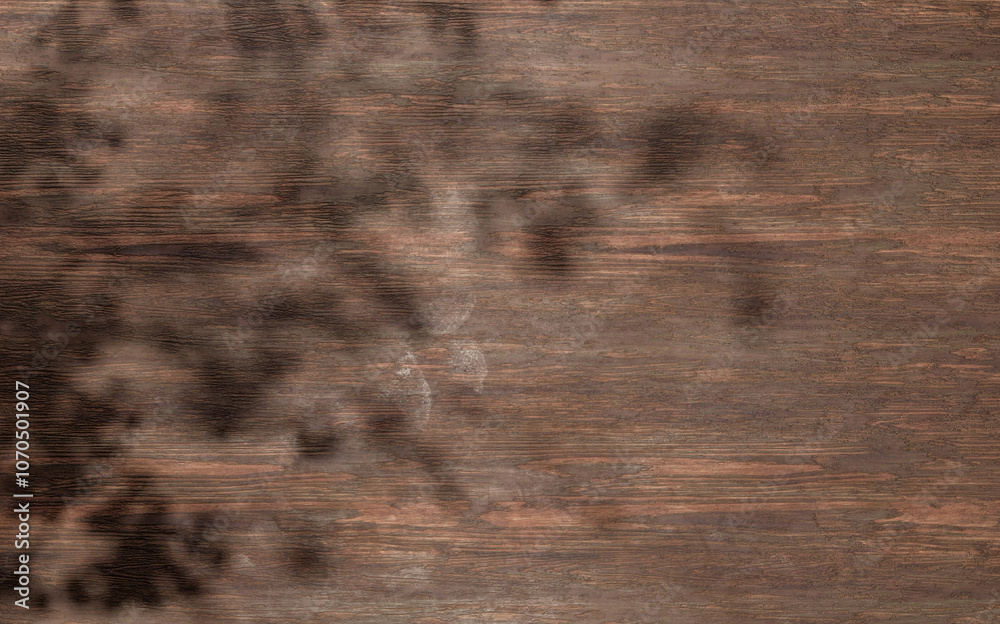 Poster Wooden texture table top view with trees shadows and sunlight. cozy summer background with shadows and sunlight. wood background table copy space