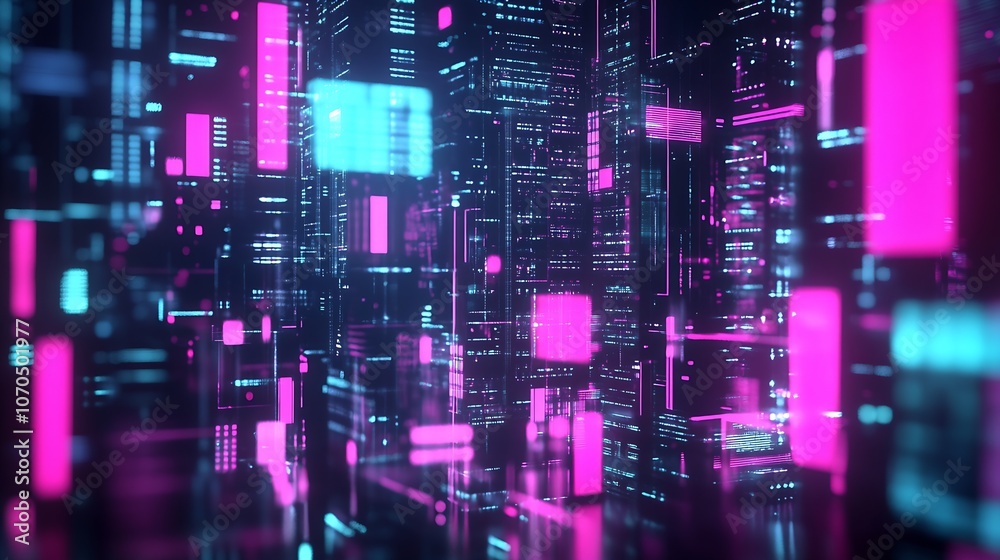 Poster futuristic neon data cityscape with pink and blue digital elements in perspective : generative ai